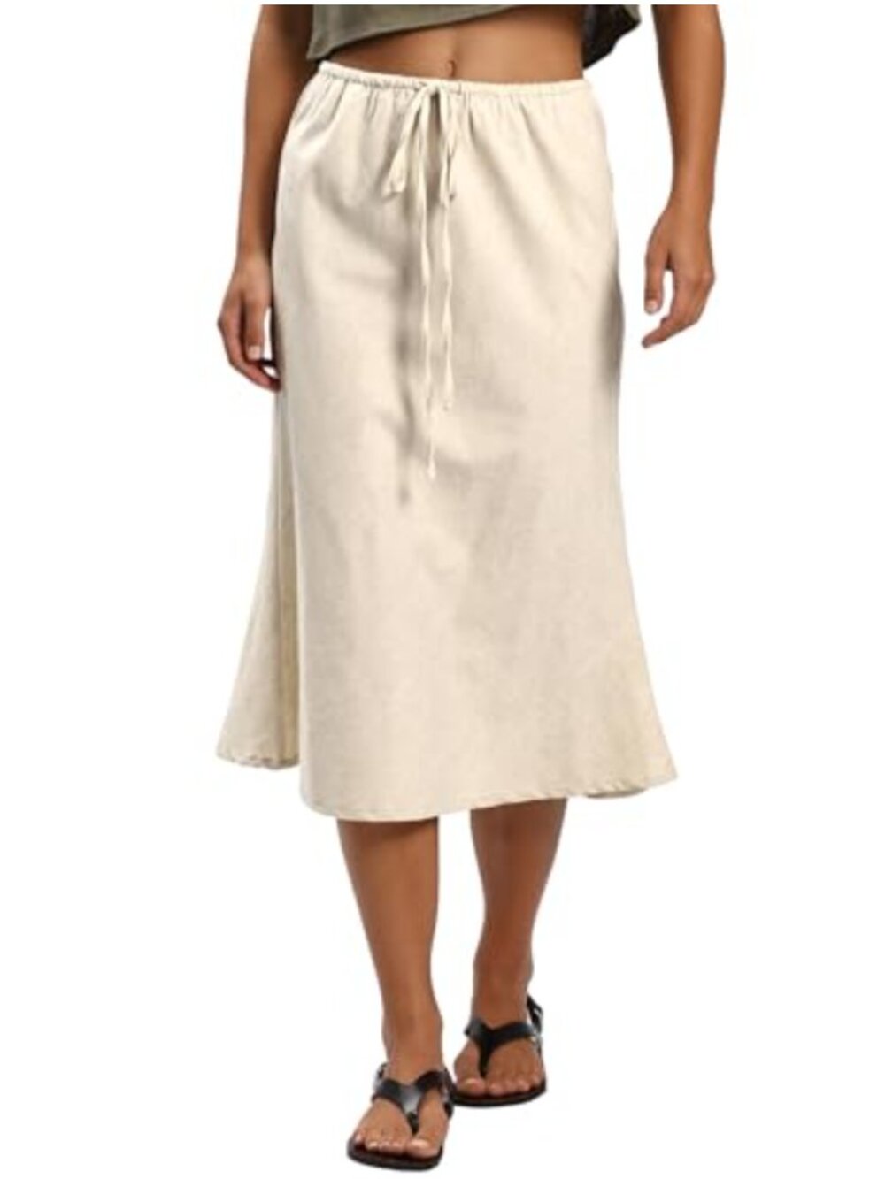 Linen Blend Flared Midi Skirt Drawstring A-Line Casual Elegant